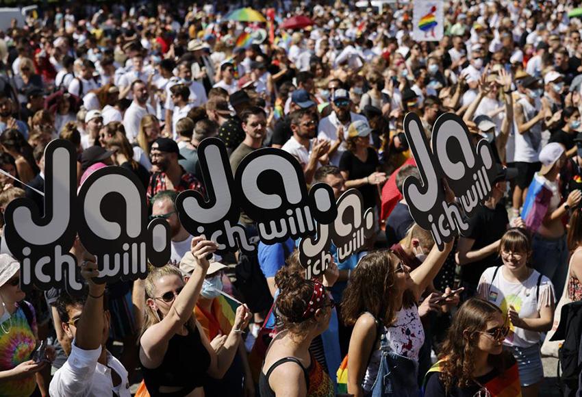 Demonstrators at Zurich Pride in 2021 — Photo by Michael Buholzer / Keystone via AP