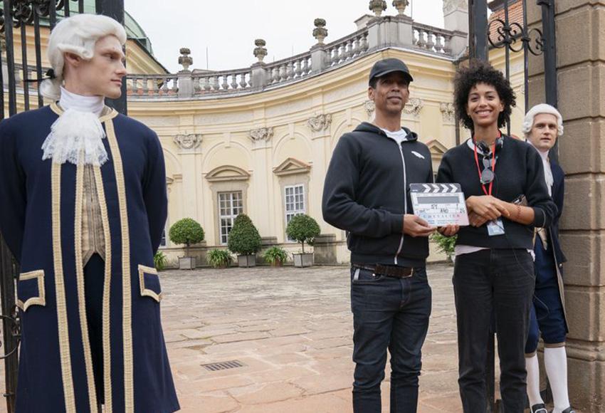 Director Stephen Williams and screenwriter Stefani Robinson on the set of Chevalier — Photo courtesy of Searchlight