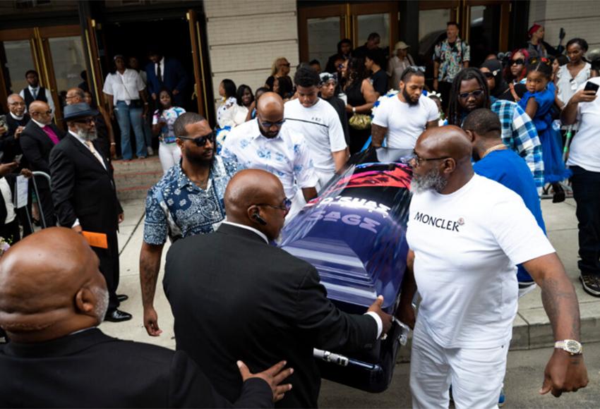 Jack Kelly (r), father to O'Shae Sibley, carries the casket with fellow pallbearers following a celebration of life on Aug. 8, 2023 in Philadelphia, Penn. — Photo by Joe Lamberti / AP