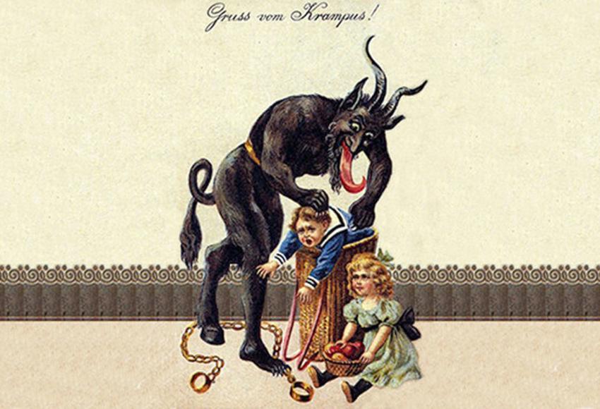 A 1900s greeting card reading 'Greetings from Krampus!'