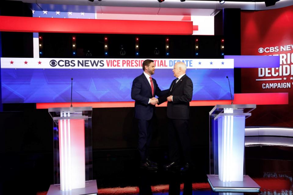 Republican vice presidential candidate, Sen. J.D. Vance of Ohio, and Democratic vice presidential candidate, Minnesota Gov. Tim Walz, participate in a debate at the CBS Broadcast Center on Oct. 1, 2024, in New York City. (Chip Somodevilla/Getty Images)